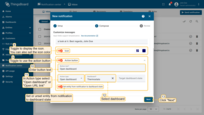 You can use the action button in the notification. Enter the button text, select the action type ("Open dashboard" or "Open URL link") and specify the URL link or dashboard that should open when the button is clicked. You can also display the icon in the notification and set its color. Click "Next";