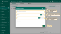 Fill out the following fields: Enter a descriptive name for your template; Choose the desired output format: <b>PDF</b> or <b>CSV</b>; Select the type: <b>Report</b> or <b>Subreport</b>; Then, click "<b>Add</b>" to proceed. Once added, the Report Builder interface will open automatically.