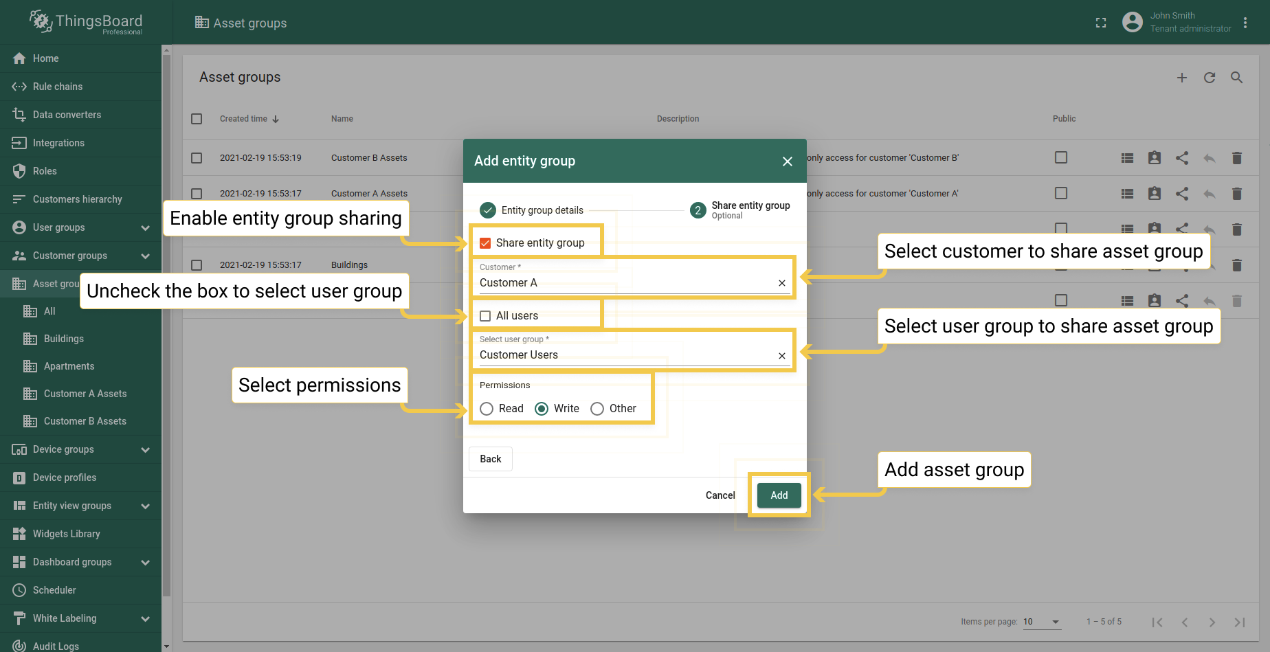 To share an asset group, check the box and select customers. Then, click Add