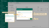 Select the <b>target customer</b> from the dropdown list. (Optional) Specify the <b>user group</b> within that customer to share the device group with. Confirm the action by clicking "<b>Share</b>".