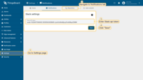 Login to your ThingsBoard UI as a tenant administrator. Navigate to "Settings" page, "Notification" tab. In "Slack settings" window paste copied Slack API token to "Slack api token" row and click "Save".