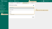 Login to ThingsBoard UI. Navigate to the "Settings" page. Now, go to the "Notificatons" tab. In this window, choose one of the available providers: AWS SNS Twilio or SMPP;