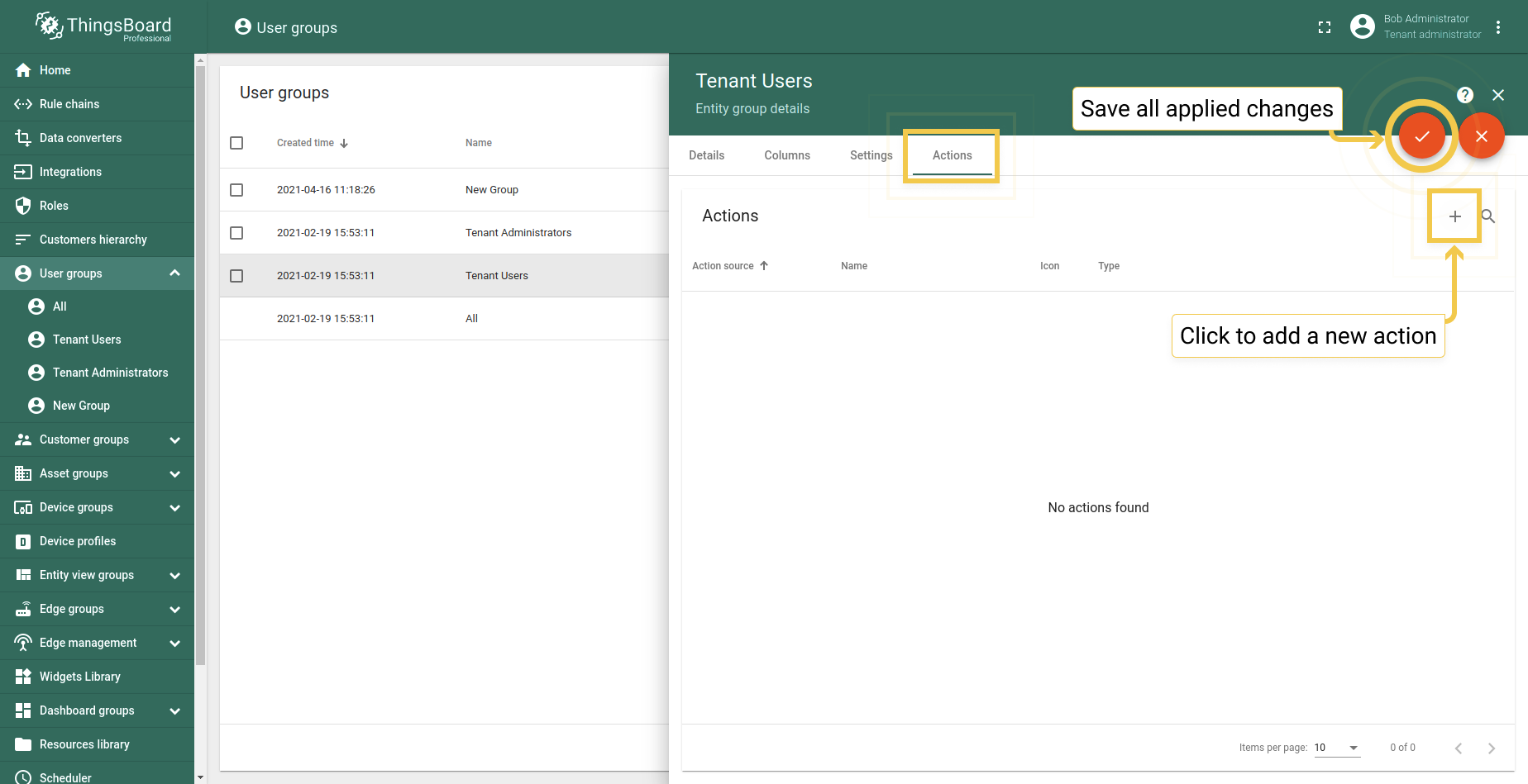 Actions tab allows navigating to specific dashboard or add a custom action (To learn more about the Actions, see the link below).