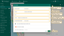Select "On circle click" as the action source. Input a name for the action. Optionally, select an icon. Select a "Navigate to new dashboard state" action type from the "Action" drop-down menu. After choosing an action type, the "Target dashboard state" drop-down menu appears. Select a previously created state you'd like to be transitioned to. When the desired state has been selected, click the "Add" button;