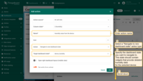 Enter a name for the action, and optionally, choose an icon. For the action type, select "Navigate to new dashboard state" from the drop-down menu. Specify the "Target dashboard state" which will display detailed humidity data for the selected device;
