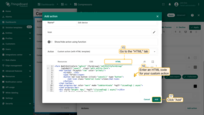 In "HTML" tab, enter an HTML code for your custom action. After input functions, click the "Add" button;