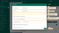 Select the "Action cell button" as the action source. Input a name for the action and select an icon that will represent a button. With this icon, action will be performed. Select an "Update current dashboard state" action type from the "Action" drop-down menu. Then, click the "Add" button;