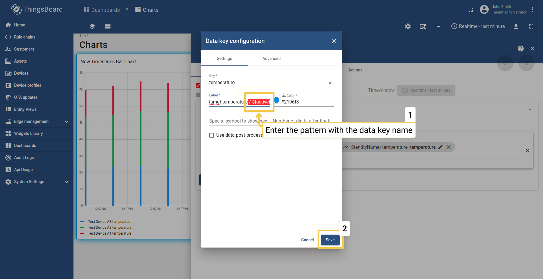 In the label line, enter the patter ${} with the data key name inside the brackets. Click "Save" to apply new label name.