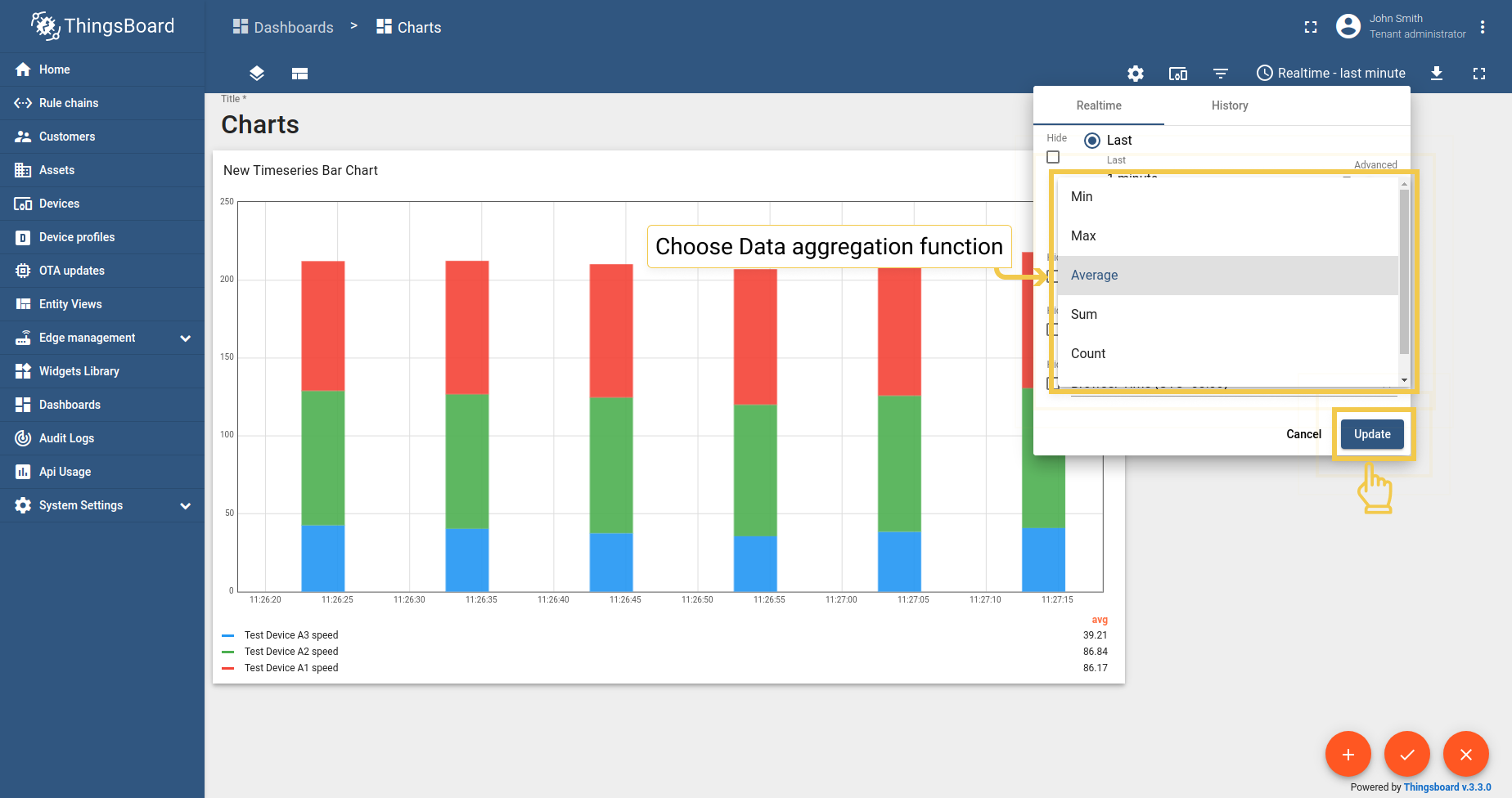 In the upper right corner of the screen, click on the Time window configuration and choose any preferred Data aggregation function other than None. Click "Update" to apply changes.