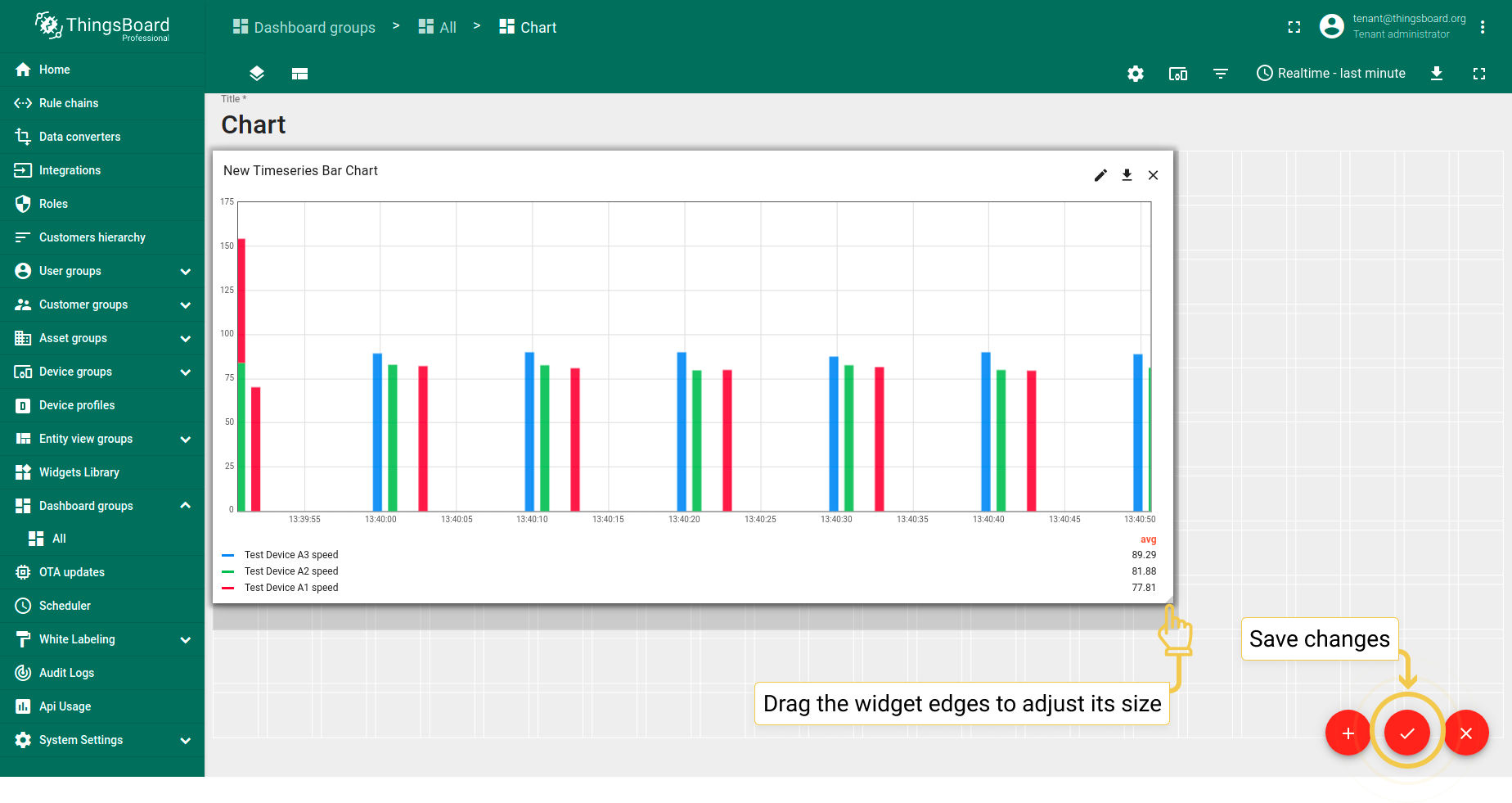 While still in edit mode, drag the widget corners to adjust its size. After that, click the orange checkmark to save all applied changes.