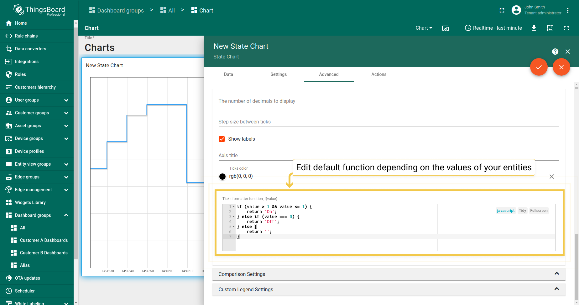 In the Advanced tab, you can edit the default function according to your entity values.