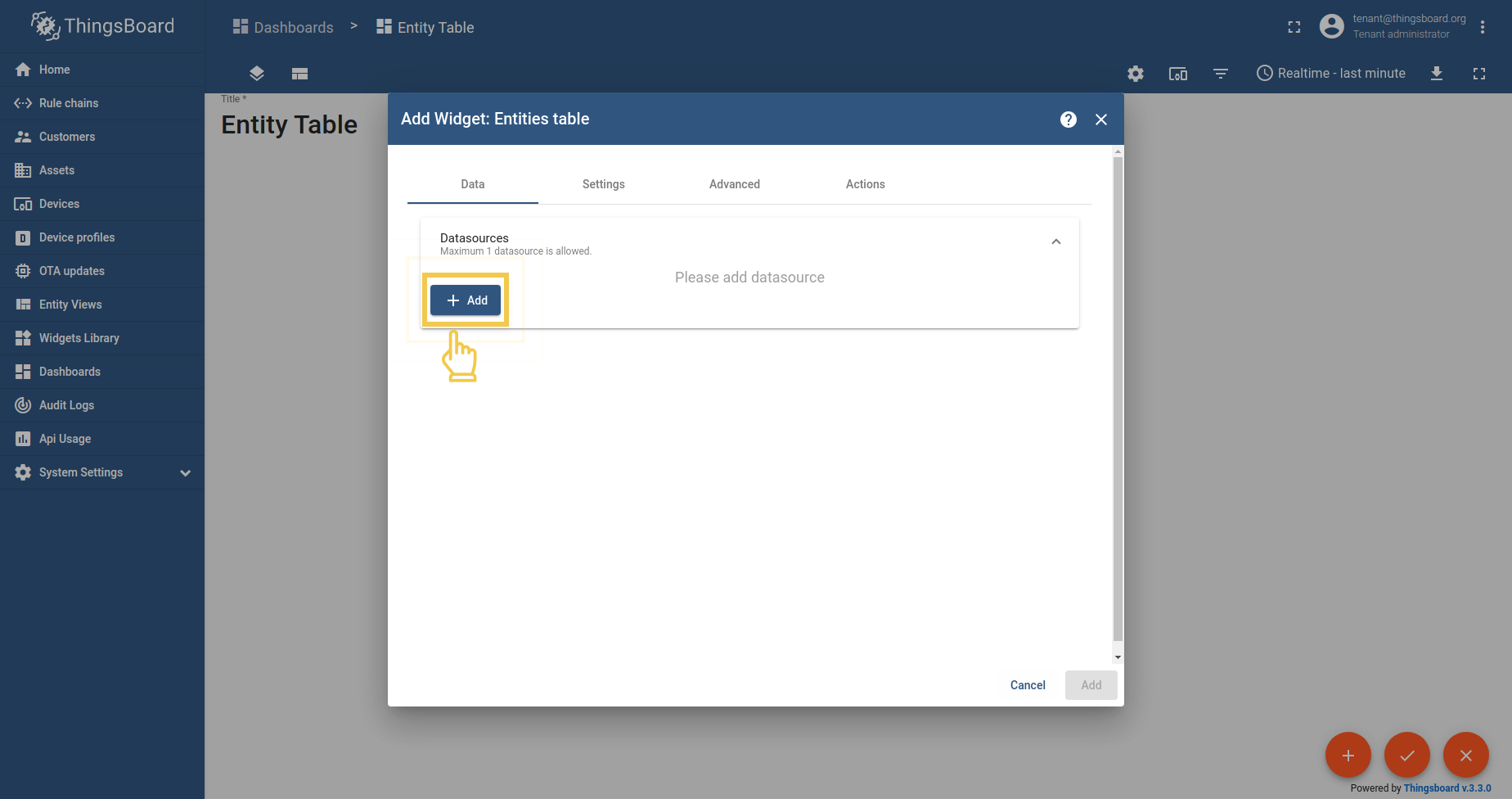 Click Add to attach a datasource to your widget to specify entity from which we will receive telemetry data.