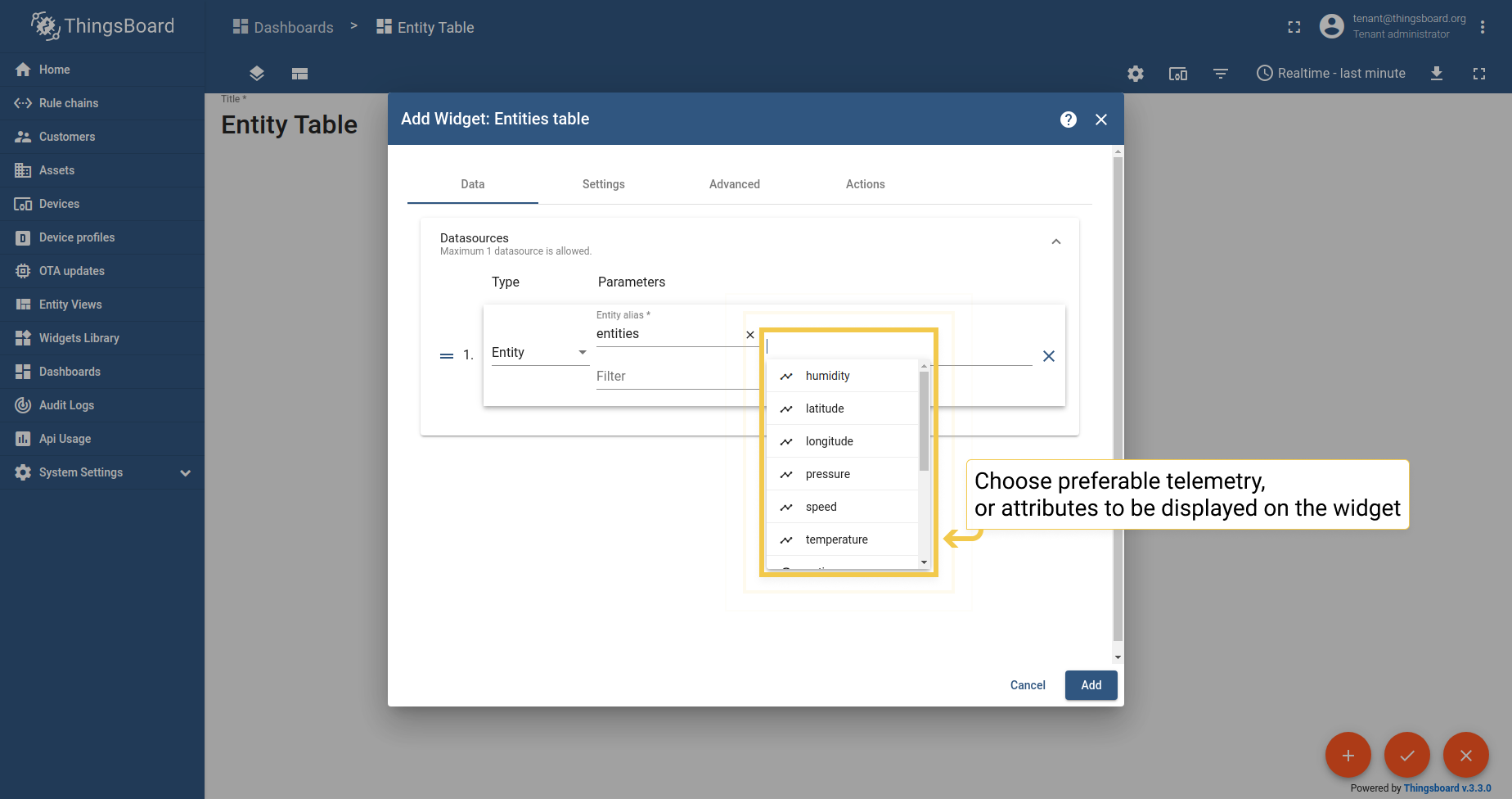 Add telemetry from the drop-down menu to be displayed on the widget.