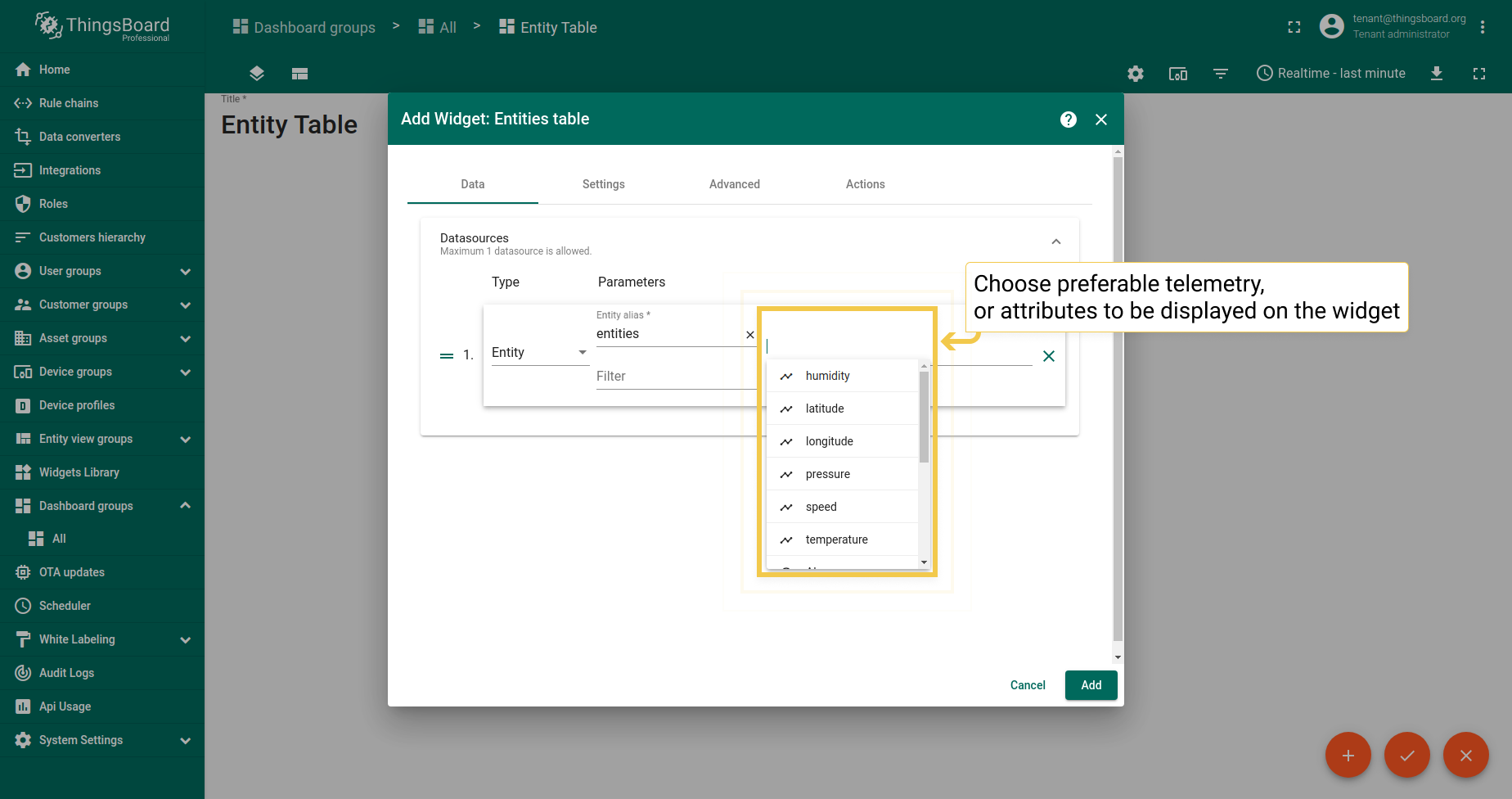 Add telemetry from the drop-down menu to be displayed on the widget.