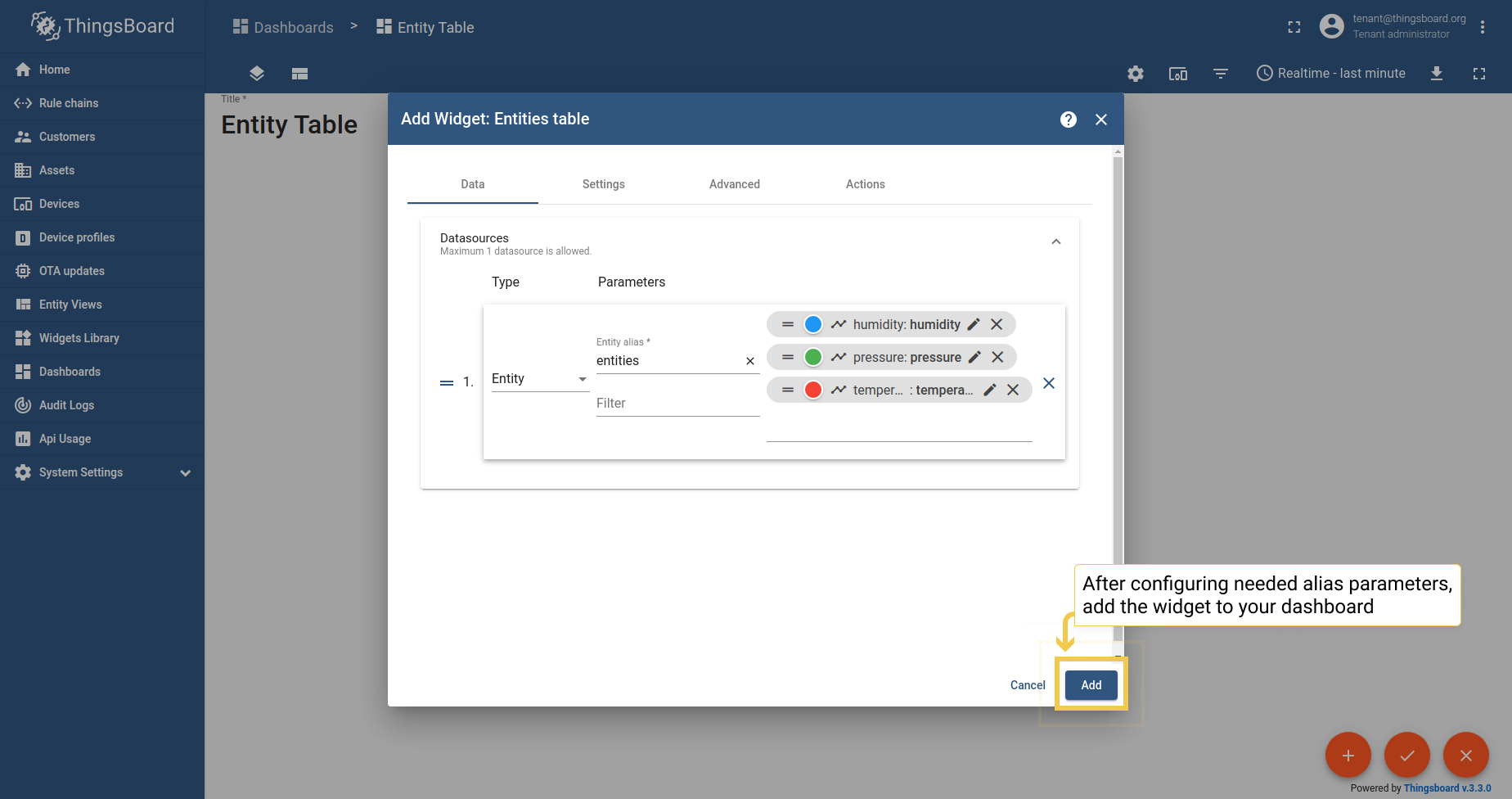 When you are done configuring datasource, click Add.