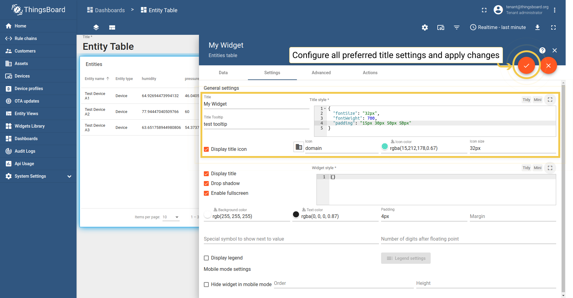 After setting up all preferred configurations, apply the changes by clicking the checkmark in the upper right corner of the screen.