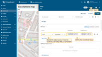 Select the data source - it can be a device, an entity alias, or a function. Define the coordinate keys. By default, ThingsBoard uses latitude and longitude attributes as the coordinate keys for the marker. If your entity uses different key names, update them here. Apply the changes.