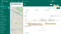 Select the data source - it can be a device, an entity alias, or a function. Define the coordinate keys. By default, ThingsBoard uses latitude and longitude attributes as the coordinate keys for the marker. If your entity uses different key names, update them here. Apply the changes.